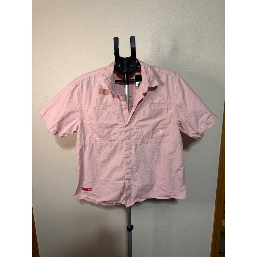 Playboy Mens Pink Short Sleeve Button Up Shirt Pursuit of Pleasure Bunny Logo M